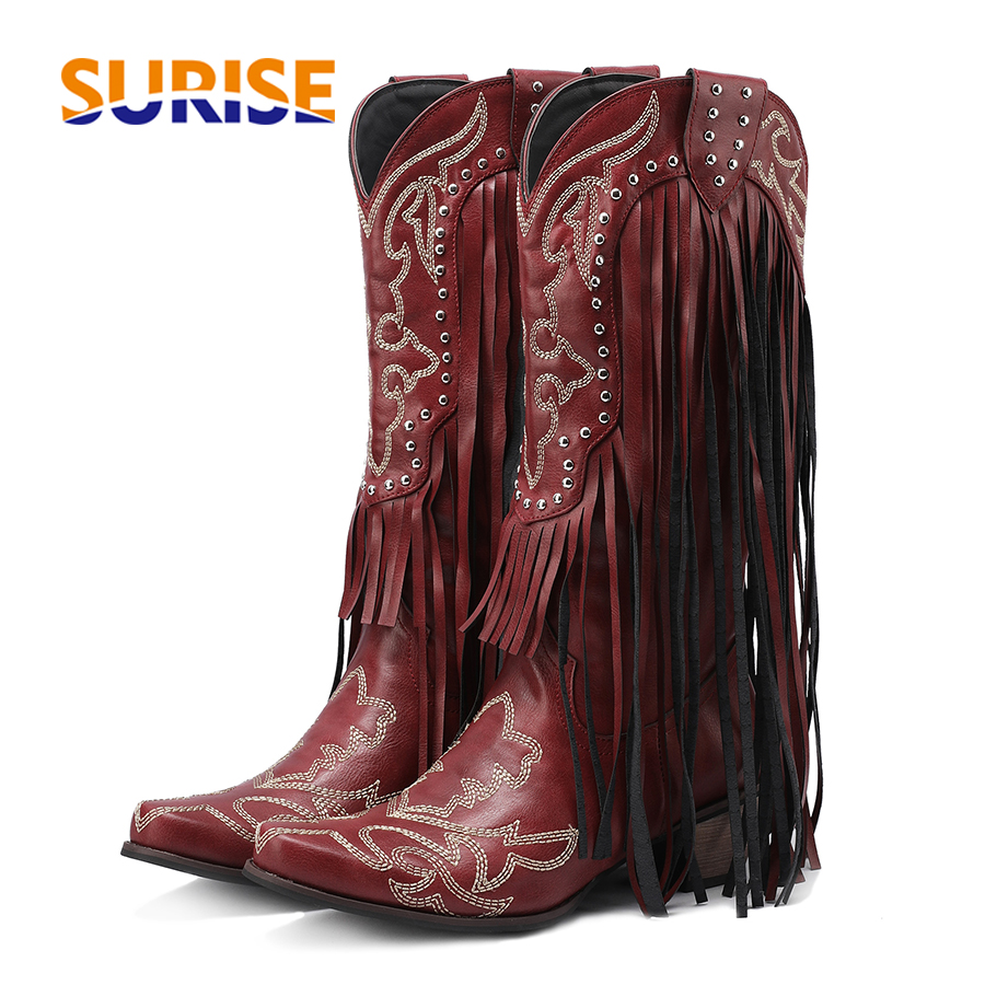 Embroidery Red - Western Cowboy Mid-Calf Laarzen Voor Vrouwen