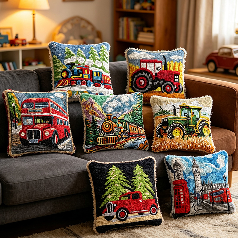 Printed Embroidery Kit - Vintage Hook Pillow Kit Stoomtrein Boerderijtractor