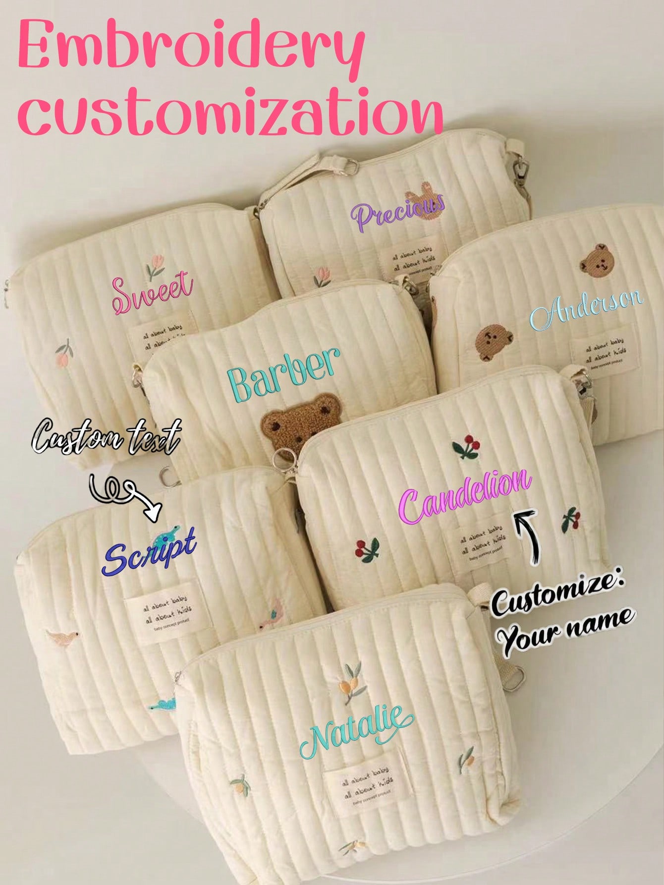 Embroidery And Quilting - Aangepaste naam borduurwerk babyluiertas gewatteerde opbergtas